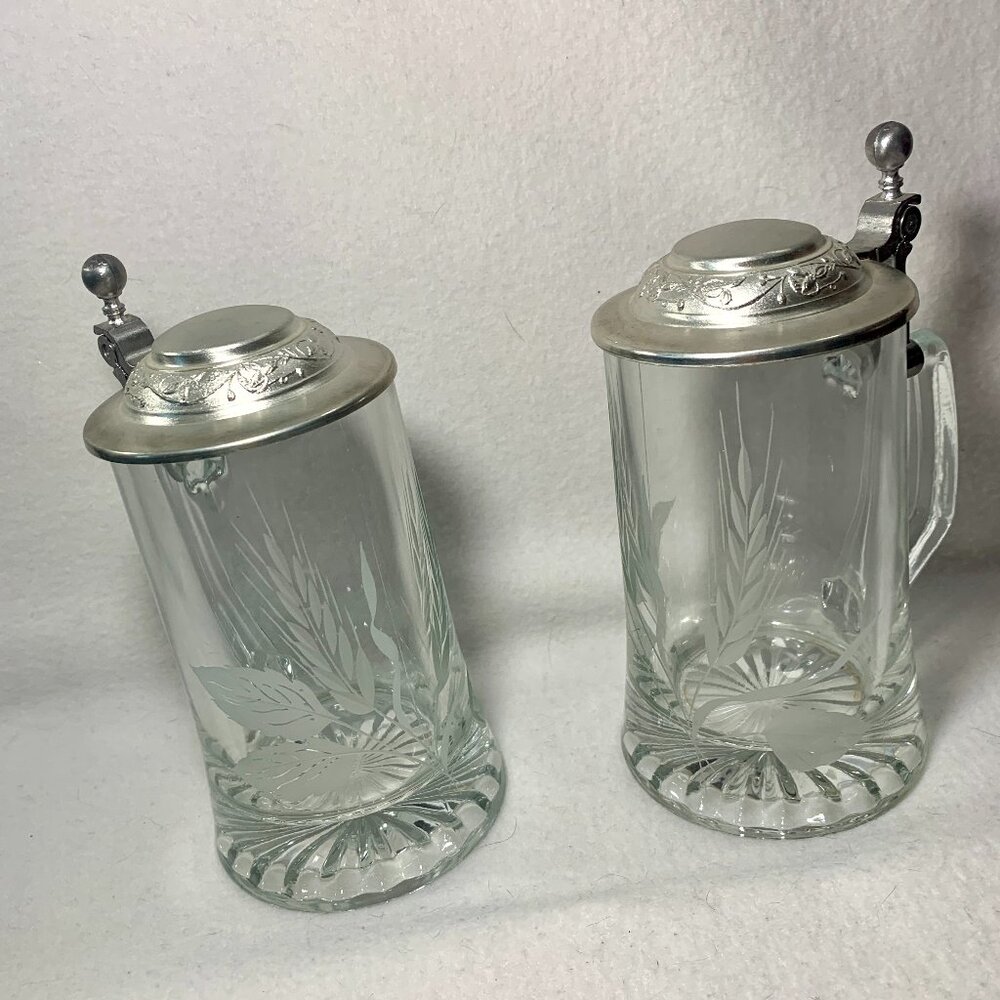 Pair Vintage ALWE German Glass Beer Steins Etched Wheat Hops Pewter Lid W German